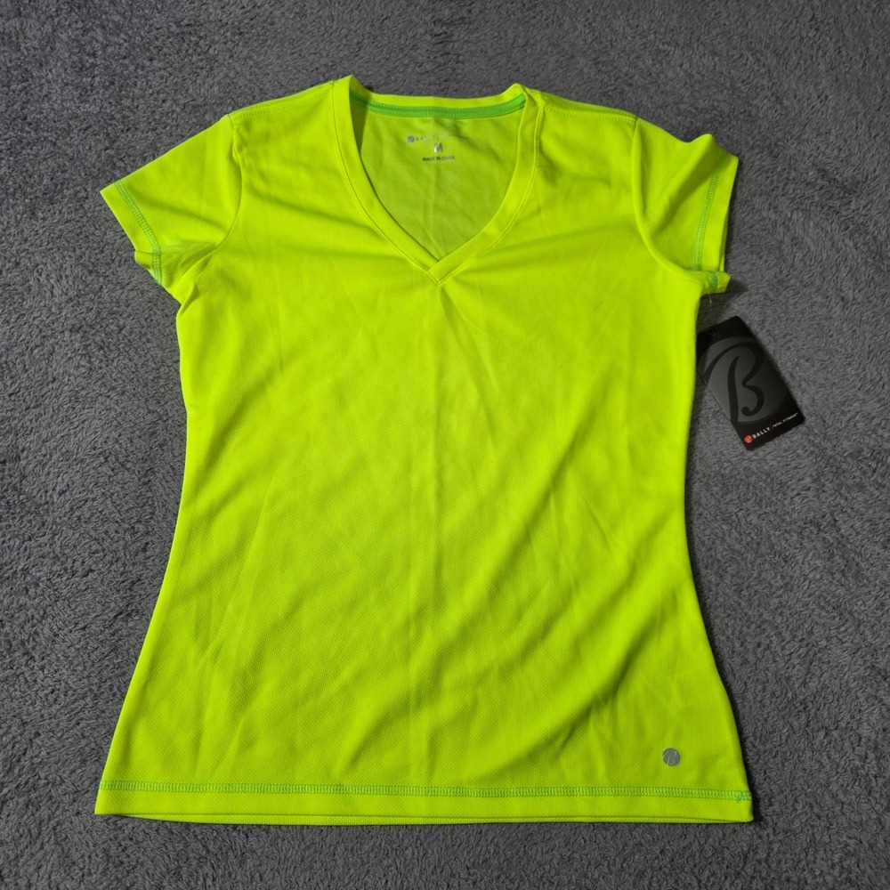 Bally Total Fitness Womens M Shirt Neon Yellow V-Neck Mesh Athletic Top BF313402